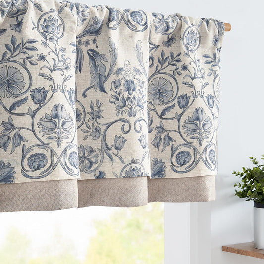 jinchan Linen Valance Kitchen Curtain Pack of 2 Double Layer 18 Inch for Living Room Bedroom Window Treatment Light Filtering Vintage Farmhouse Cottagecore Rod Pocket 2 Panels Blue on Beige