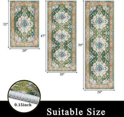 Apioiqa Farmhouse Kitchen Rug Sets 3 Piece Washable, Non Slip Kitchen Rugs and Mats Set, Boho Kitchen Mats for Floor, Green Flowers Kitchen Floor Rugs for Hallway Laundry Room