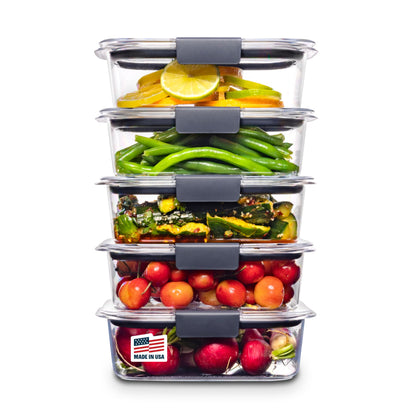 Rubbermaid Brilliance 10-Piece Food Storage Container Set, 3.2-Cup, Clear/Grey, Dishwasher Safe, Meal Prep & Lunch
