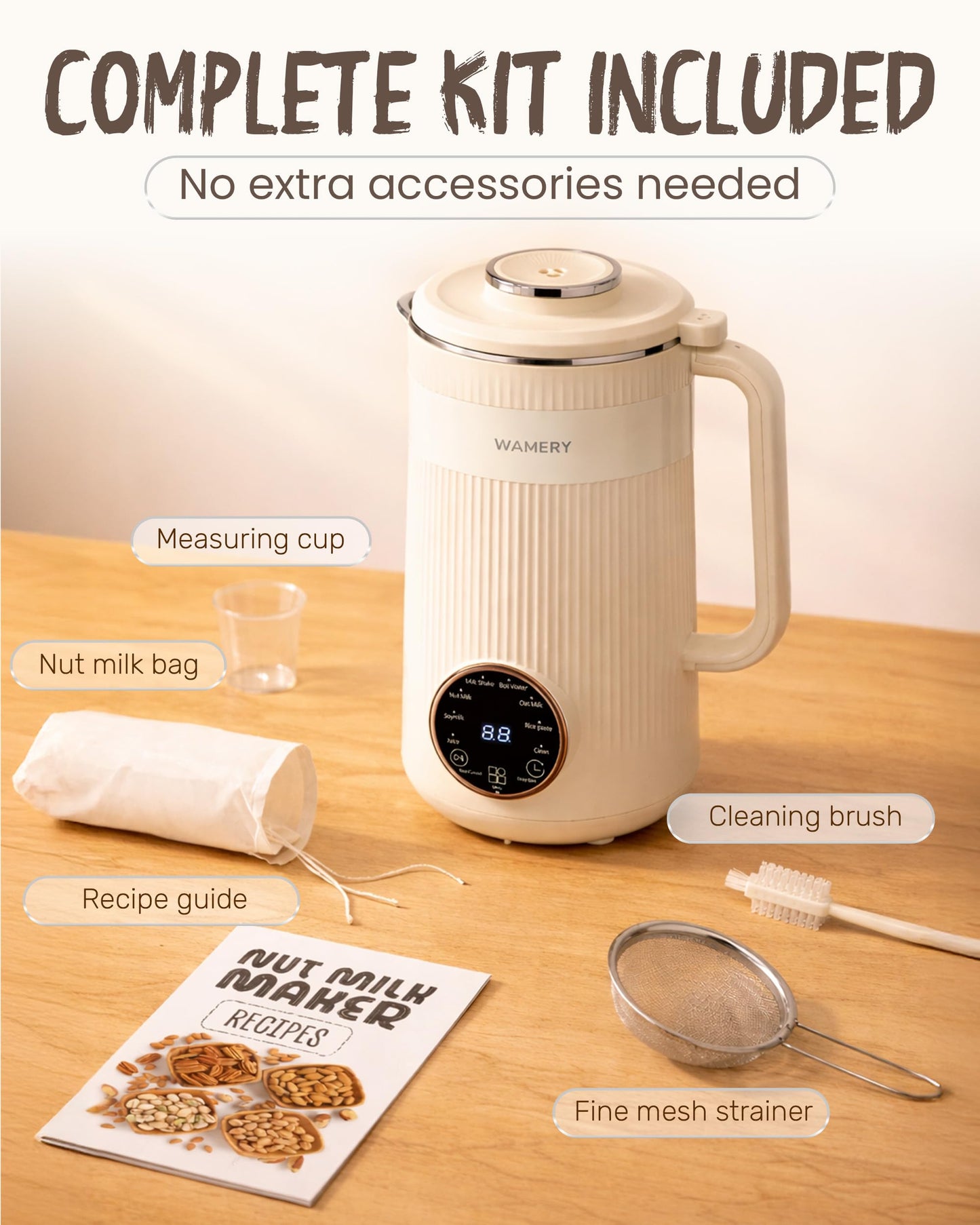 Wamery 32oz Nut Milk Machine (Black) - Soy Milk Maker for Almond & Oat, Fruit Blender, Automatic Heated Programs, Self‑Cleaning, Delay Start, Keep Warm & Boil Water, 1‑Liter Capacity with Starter kit