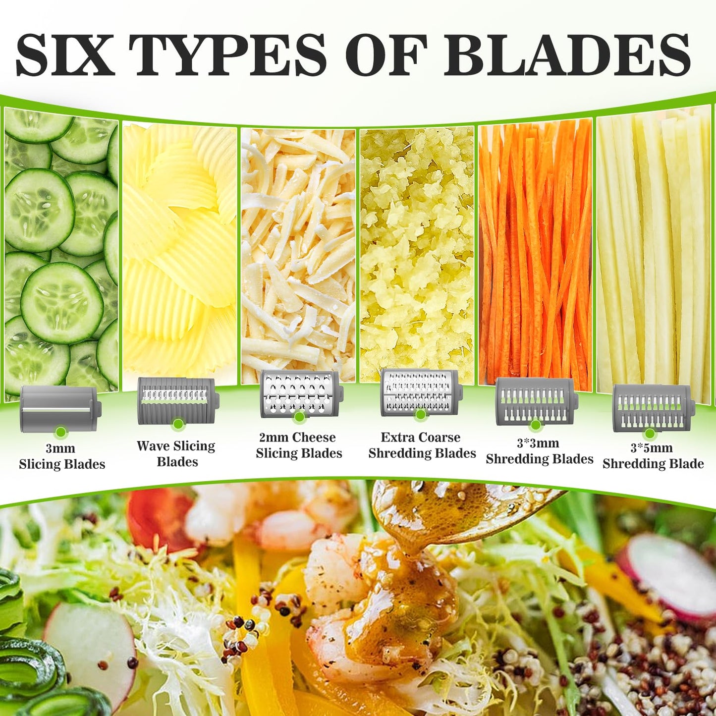 Electric Cheese Grater Salad Maker with 6 Repalce Stainless Steel Blades, Rotary Slicer One-Touch Kitchen Slicer Cheese Shredder for Vegetables, Fruits, Cheeses, Nuts Home Kitchen Use(White)