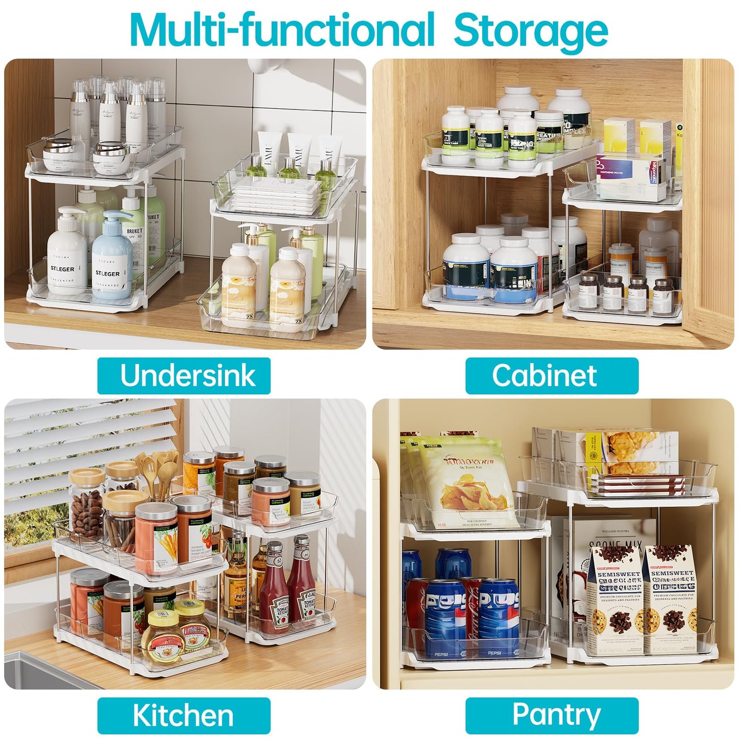 Delamu 4 Pack 2-Tier Bathroom Under Sink Organizers and Storage, Multi-Purpose Stackable Pantry Organization and Storage, Pull Out Clear Kitchen Bathroom Cabinet Organizer with Movable Dividers, White