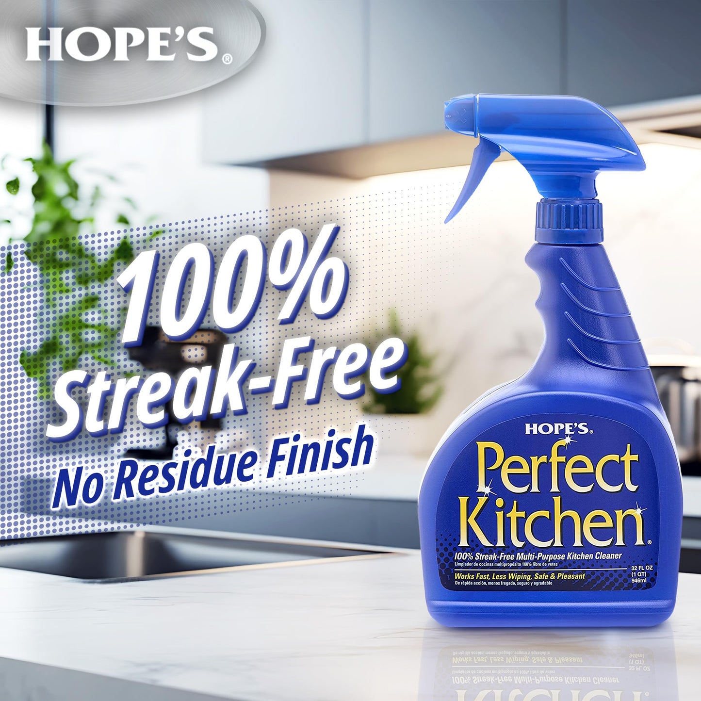HOPE'S Perfect Kitchen Cleaner Spray - 32 Oz No-Residue All Purpose Cleaning Spray - Multisurface Degreaser for Counters, Stoves, Microwaves, and More - Pet and Home Safe - Pack of 6