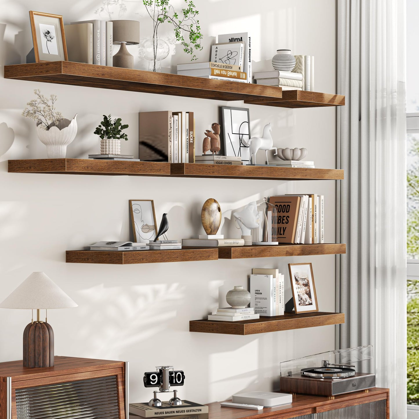 Floating Shelves Set of 2, 12 Inch Deep Floating Shelves with Heavy Duty Brackets, 20'' Rustic Wood Wall Mounted Shelf for Bathroom, Bedroom, Living Room & Kitchen, Modern Home Decor Storage, Brown