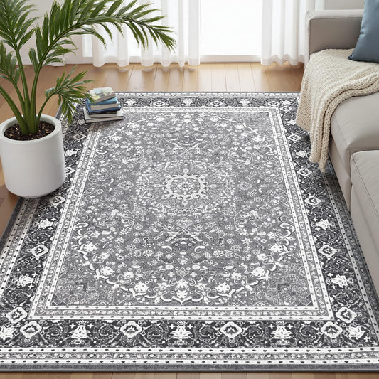 Lofus 5x7 Area Rugs for Living Room, Machine Washable Non-Slip Area Rug, Low Pile Large Rugs for Bedroom, Kitchen, Dining Room, Home Office, Vintage Oriental Print Rug, Light Grey with White