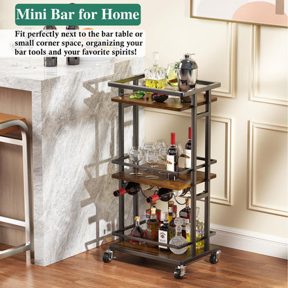 OKZEST 3-Tier Liquor Cabinet with Wine Rack, Mini Bar Cart for Home, Small Liquor Bar for Alcohol, Rolling Kitchen Serving Cart on Wheels, Wine Drink Cart for Party, Bar Stand for Small Space