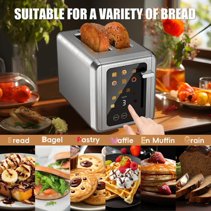 WUNLY 2 Slice Toaster,Touchscreen & Dual Independent Control Panel,5 Basic Functions & Digital Countdown Toasters,6 Shade Settings＆6 Bread Types,Smart Bread Maker Mute/Screen-Off,Titanium
