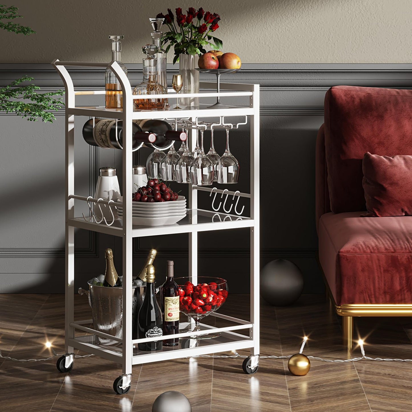 TUTOTAK Bar Cart, Home Bar Serving Cart with 3-Tier Mirrored Shelf, Mobile Kitchen Shelf, Rolling Beverage Cart, White BC01BW034