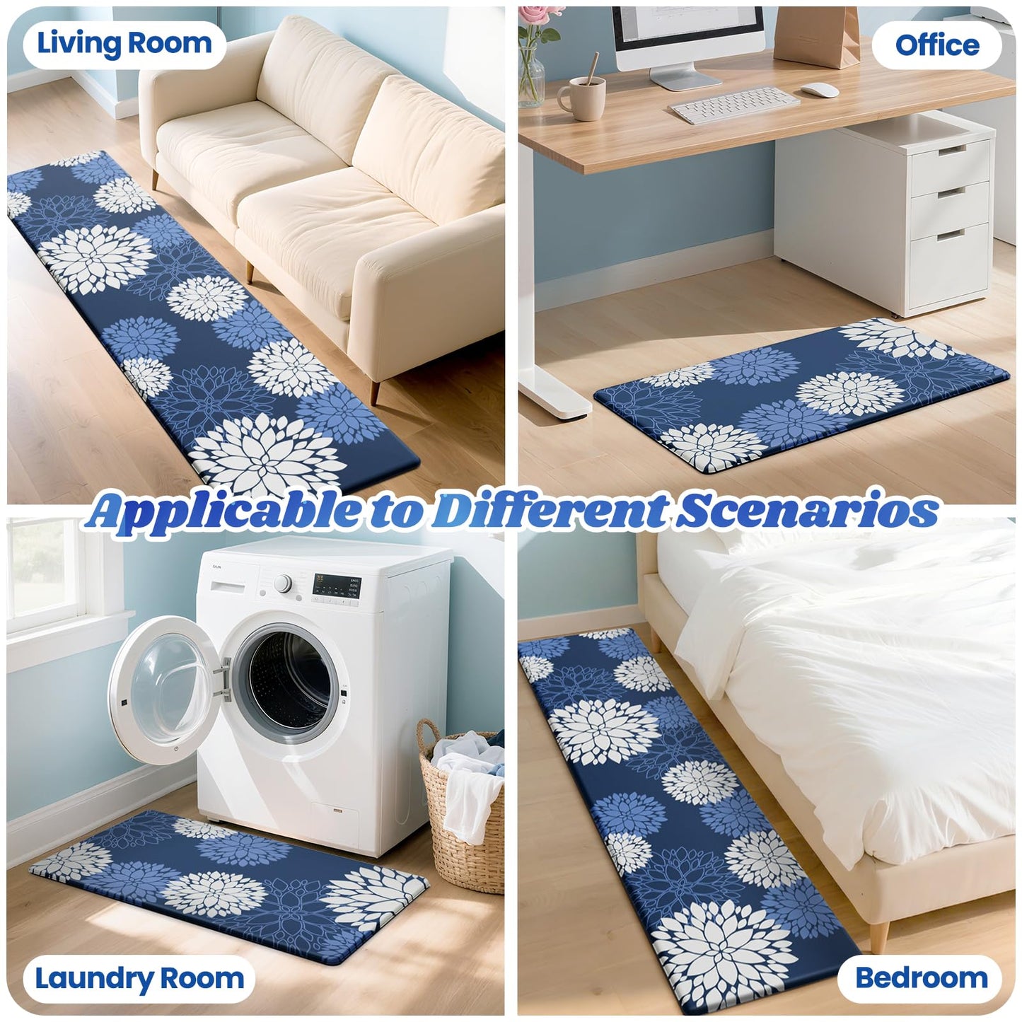 Softercharm Kitchen Mats, 2PCS Non-Slip Cushioned Rugs, Anti-Fatigue Waterproof Floor Rug, Washable Standing Desk Mat, Home Laundry Office Apartment Decor and Accessories (17.3" ×70" +17.3" ×30"-Blue)