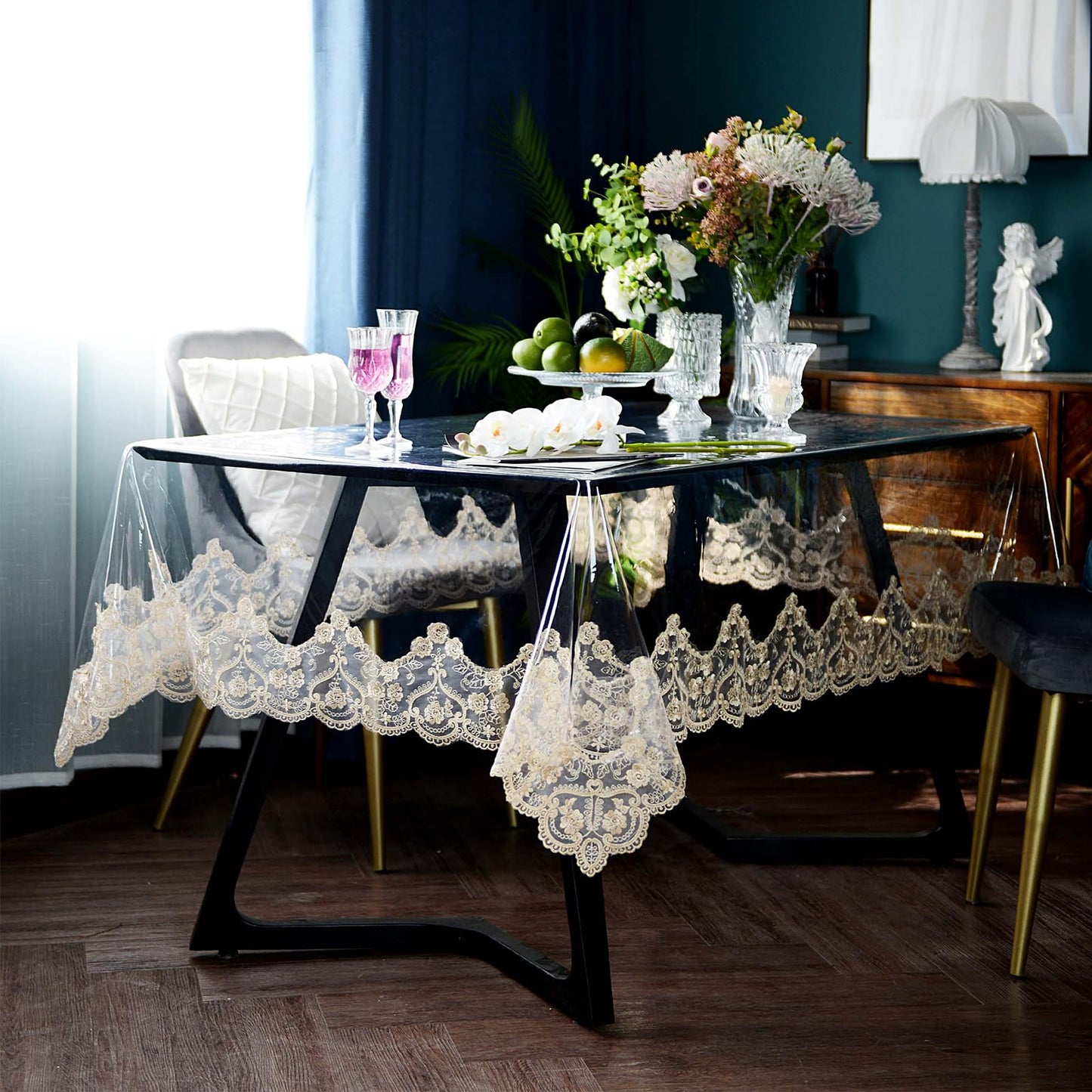 ARTABLE Vinyl PVC Rectangle Tablecloth Waterproof Clear Table Cover with Champagne Lace Macrame Border for Wedding Kitchen Home Outdoor Indoor Holidays Party Decor (Gold, 60 x 104 Inch)