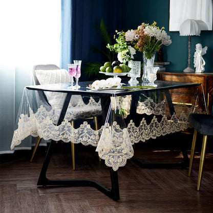 ARTABLE Vinyl PVC Rectangle Tablecloth Waterproof Clear Table Cover with Champagne Lace Macrame Border for Wedding Kitchen Home Outdoor Indoor Holidays Party Decor (Gold, 60 x 104 Inch)
