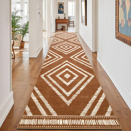 Geanlod Boho Hallway Runner Rugs 2.6x14ft Non Slip, Long Brown Washable Entryway Rug Runners Non Shedding, Geometric Kitchen Floor Carpets for Doorway Entrance Farmhouse Living Room Home Decor
