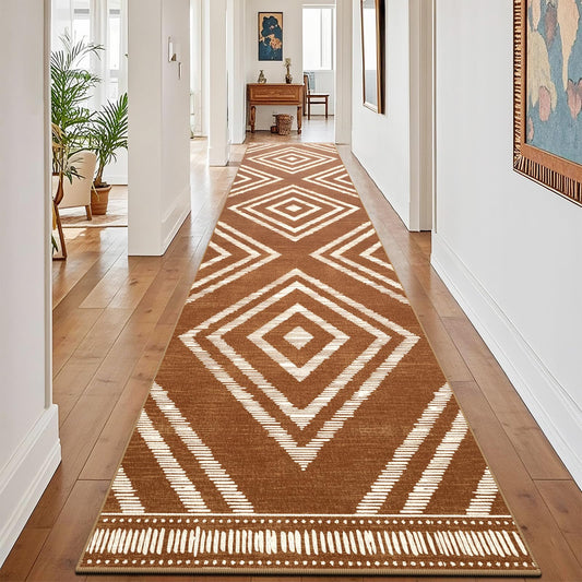 Geanlod Boho Hallway Runner Rugs 2.6x14ft Non Slip, Long Brown Washable Entryway Rug Runners Non Shedding, Geometric Kitchen Floor Carpets for Doorway Entrance Farmhouse Living Room Home Decor