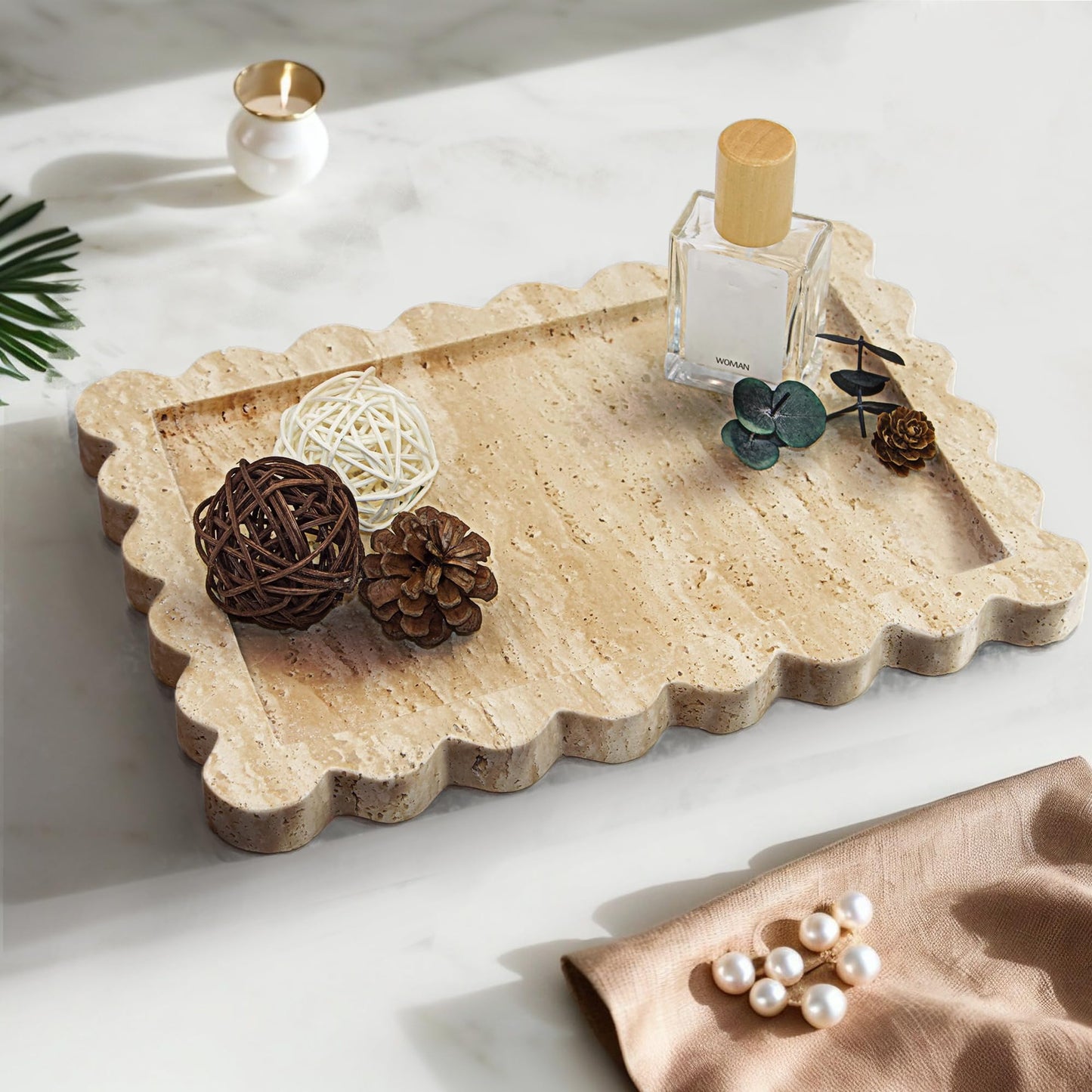YMXYJM Genuine Travertine Scalloped Marble Tray, Real Natural Marble Stone Trays, Luxury Decorative Trays for Bathroom, Dresser, Vanity, Kitchen, Home Decor, 10.6" x 8", Travertine Beige