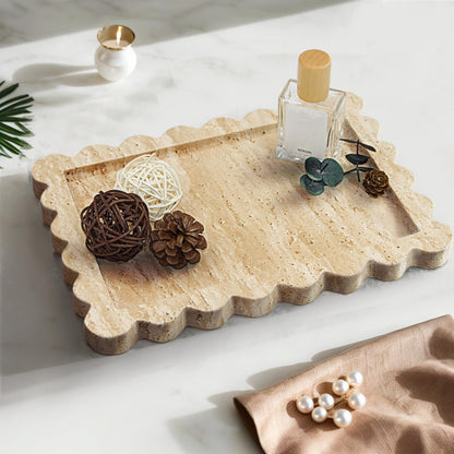 YMXYJM Genuine Travertine Scalloped Marble Tray, Real Natural Marble Stone Trays, Luxury Decorative Trays for Bathroom, Dresser, Vanity, Kitchen, Home Decor, 10.6" x 8", Travertine Beige