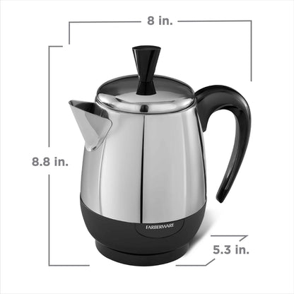 Farberware Electric Coffee Percolator, FCP240, Stainless Steel Basket, Automatic Keep Warm, No-Drip Spout, 4 Cup, Black/Silver
