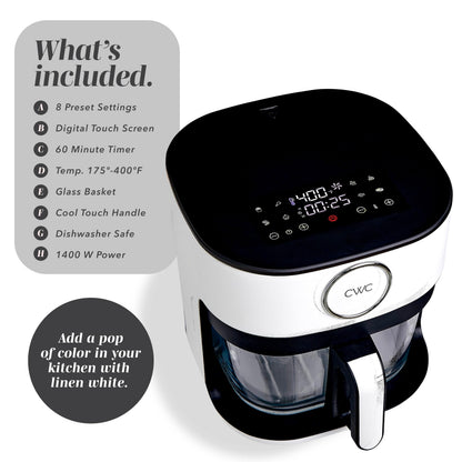 COOK WITH COLOR 1400W 5.5Qt Digital Kitchen Air Fryer with Glass Basket, 8 Presets Healthy Cooking Options, Bake, Fry, Reheat, 60-Min Timer, Adjustable Temperature Control 175°F–400°F, Linen White