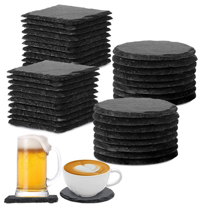 Hoolerry 72 Pcs Slate Coasters Bulk 4 Inch Round Black Drink Coaster Square for Natural Laser Engraving Edge Blanks with Anti Scratch Bottom for Home Cafe Bar Wedding Party Kitchen