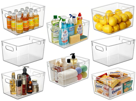 Hudgan Set of 8 Clear Plastic Storage Bins, 8 Large Storage Containers for Pantry Organizers, Home Edit, Kitchen Cabinet, Refrigerator, Under Sink Organization, Bathroom, Office