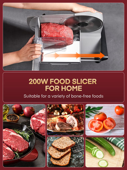 FOHERE 200W Meat Slicer Machine for Home, Electric Food Slicer with Two 7.5" Sharp Stainless Steel Blade(Serrated + Smooth) 0-15mm Precise Thickness Deli Meat Slicer for Bread Fruit Vegetable(Silver)