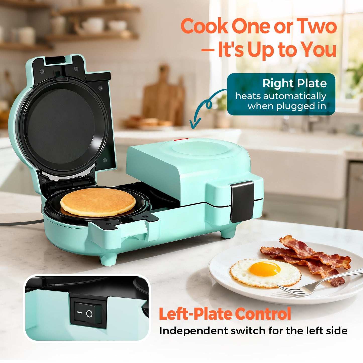 2-in-1 Double Waffle & Pancake Maker - CACHOO Mini 4" Nonstick Waffle Iron & Small Round Griddle with 4 Removable Plate Sets, Dishwasher Safe, Perfect for Small Spaces, Apartments & Dorms, Aqua
