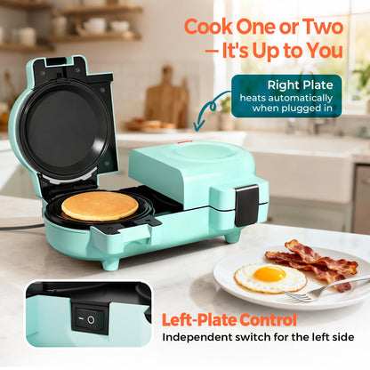 2-in-1 Double Waffle & Pancake Maker - CACHOO Mini 4" Nonstick Waffle Iron & Small Round Griddle with 4 Removable Plate Sets, Dishwasher Safe, Perfect for Small Spaces, Apartments & Dorms, Aqua