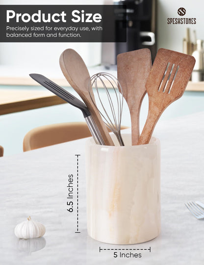 SPESHSTONES Marble Utensil Holder 6.5 Inch Cream Onyx Wooden Cooking Utensils Set & Spatula Organizer for Kitchen Counter, Stone Utensil Crock & Caddy for Spoon Holder & Farmhouse Decor