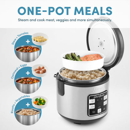 AROMA® Select Stainless® Rice Cooker, 4-Cup (Uncooked) / 8-Cup (Cooked), Stainless Steel Inner Pot, Multicooker, Steamer, 2 Qt, Stainless Steel, ARC-914SBDS