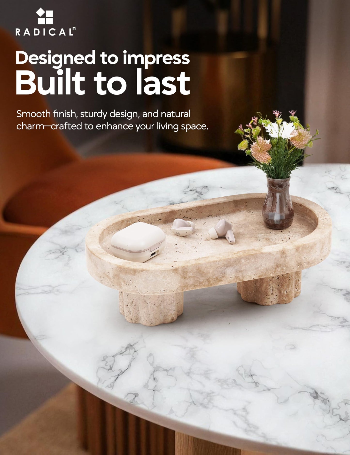 Radicaln Marble Oval Tray with Stand 10" Inches Travertine Handmade Bathroom Vanity Tray, Ideal Home Kitchen Bathroom Table Tray, Decorative Countertop Tray for Jewelry & Perfume