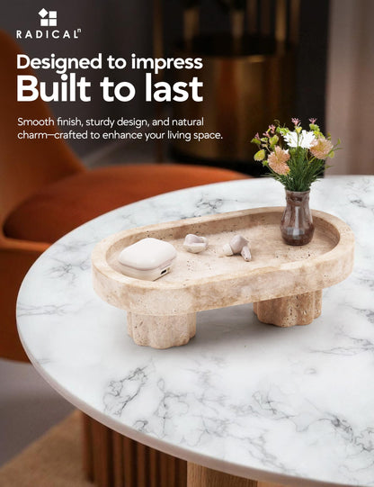Radicaln Marble Oval Tray with Stand 10" Inches Travertine Handmade Bathroom Vanity Tray, Ideal Home Kitchen Bathroom Table Tray, Decorative Countertop Tray for Jewelry & Perfume