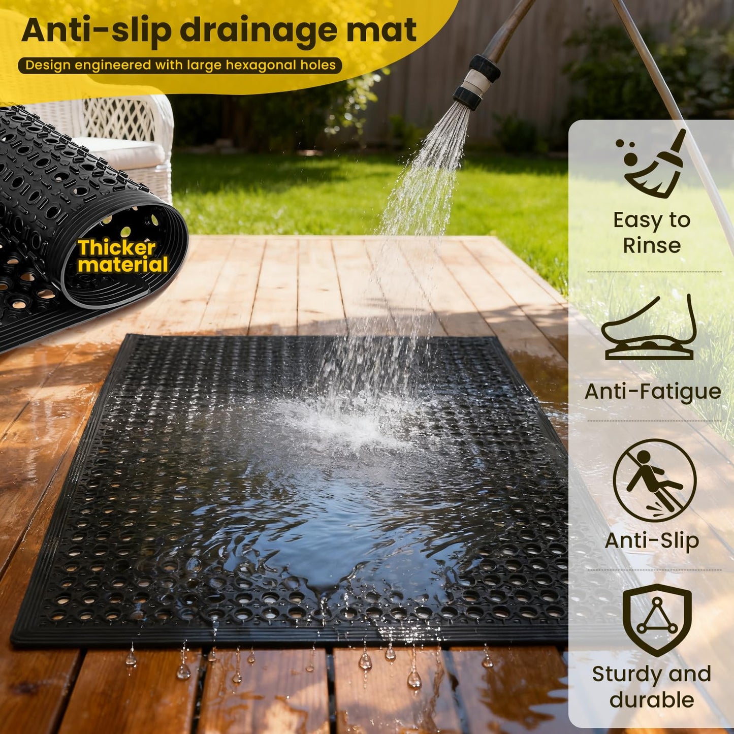 Rubber Door Mat with Holes, 36"x60" Rubber Floor Mat, Heavy Duty Floor Mats for Garage Floor Outdoor Restaurant Kitchen Bar (Black) (36"x60")