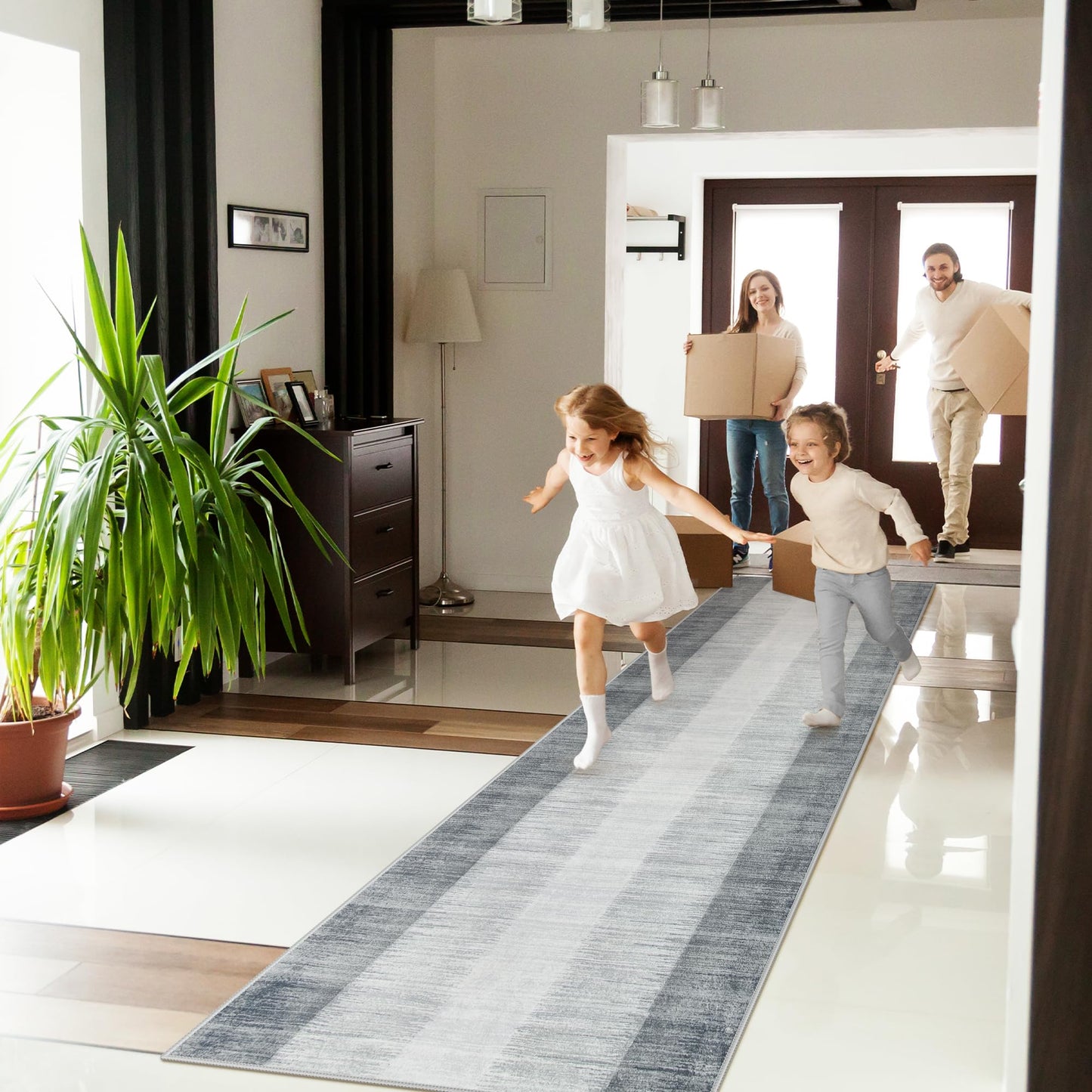 Lahome Modern Ombre Carpet Runners for Hallway 12ft, Washable Ultra-Thin Non Slip Kitchen Runner, Gray Print Stain Resistant Home Decor for Bedroom Bathroom Juliette
