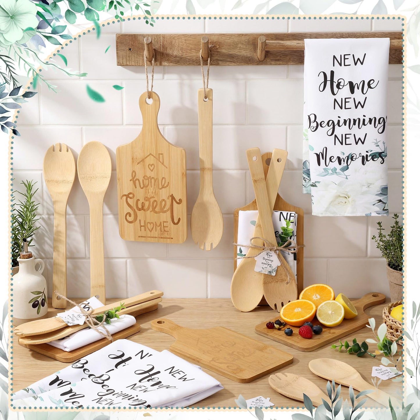 Geelin Housewarming Gifts Engraved Cutting Board New Home Beginning Kitchen Towels Cards Bamboo Spoons House Warming Gift Set for Homeowner Neighbor Couple Apartment Kitchen(31 Pcs,Rectangle)