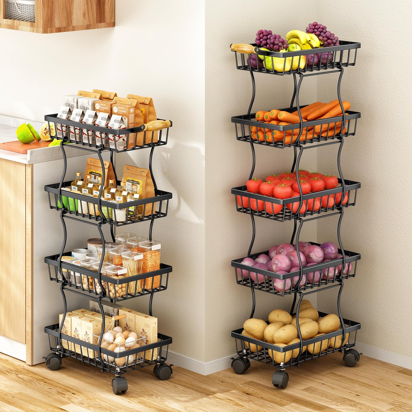 SAYZH Fruit Basket Kitchen Pantry Organizers and Storage - 5 Tier Stackable Metal Wire Basket Stand for Fruit Vegetable Snacks Jars Bins Containers Organization, (Black, 5 Tiers)