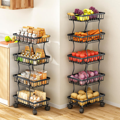 SAYZH Fruit Basket Kitchen Pantry Organizers and Storage - 5 Tier Stackable Metal Wire Basket Stand for Fruit Vegetable Snacks Jars Bins Containers Organization, (Black, 5 Tiers)