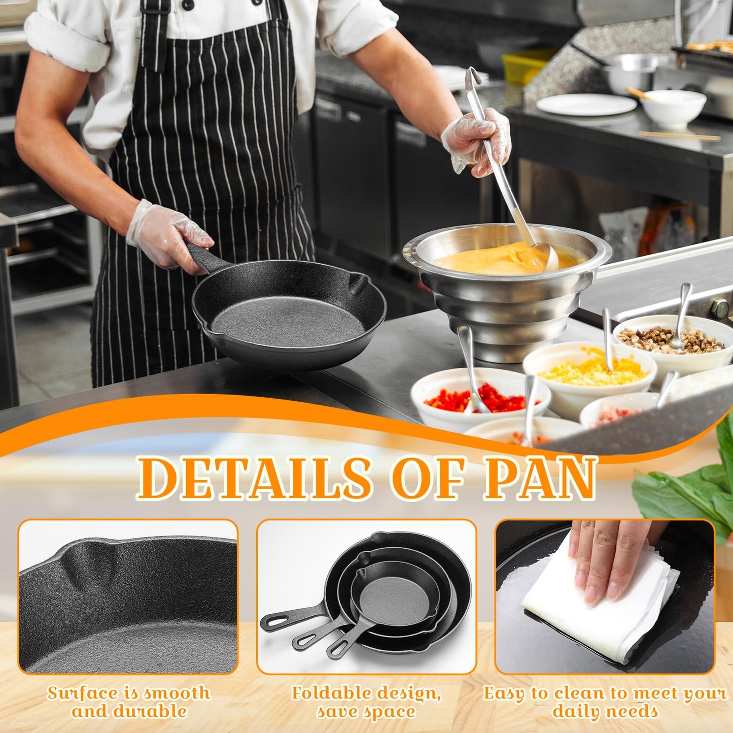 Vesici 5 Pcs Cast Iron Skillet Frying Pans with Drip-spouts Circle Non-stick Frying Skillet Omelette Pan Safe Healthy Cookware for Home Barbecue Kitchen Party Restaurant Catering Service (Mixed Size)
