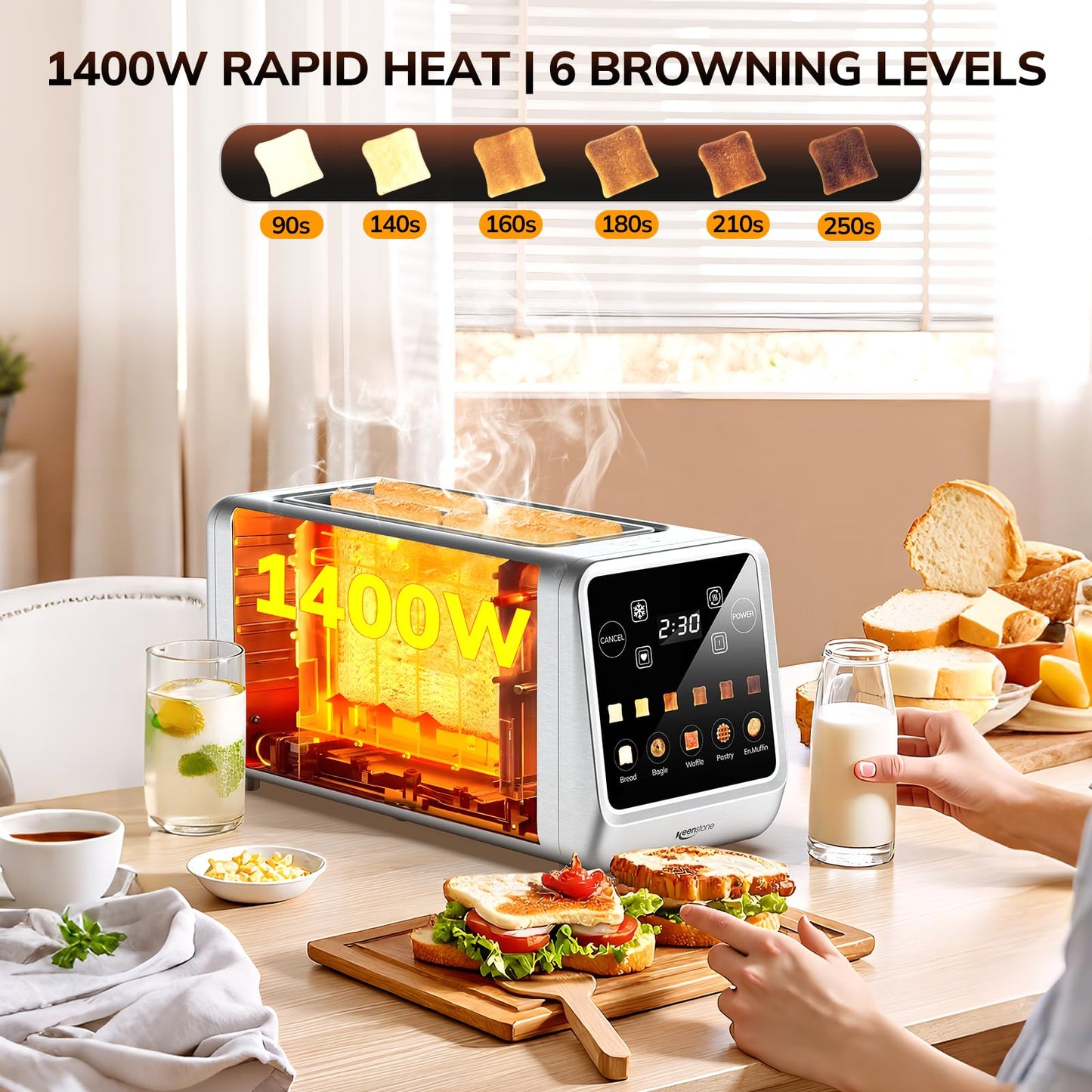 Keenstone Toaster 4 Slice, Digital Smart Toaster with TouchScreen, Memory Function, Single Slot Toasting, Timer, Reheat & Defrost for Bagels, Bread, Waffles, Muffin, Stainless Steel Kitchen Essentials