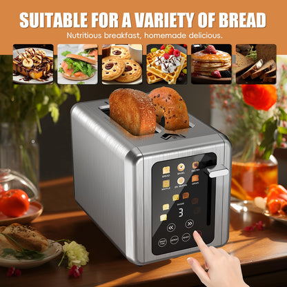 WUNLY 2 Slice Toaster,Touchscreen & Dual Independent Control Panel,5 Basic Functions & Digital Countdown Toasters,6 Shade Settings＆6 Bread Types,Smart Bread Maker Mute/Screen-Off,Platinum