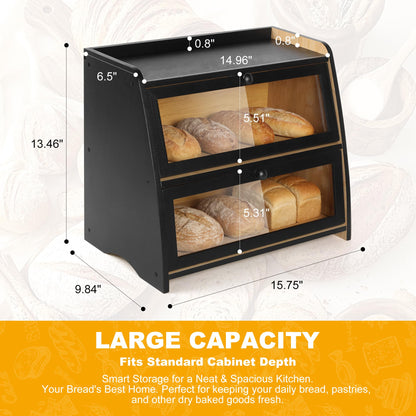 Hwwelis Bamboo Double Layer Bread Box for Kitchen Counter - 2 Layer Large Breadbox for Countertop Organizer - Bread Storage Boxes Container Bin for Homemade Bread - Black