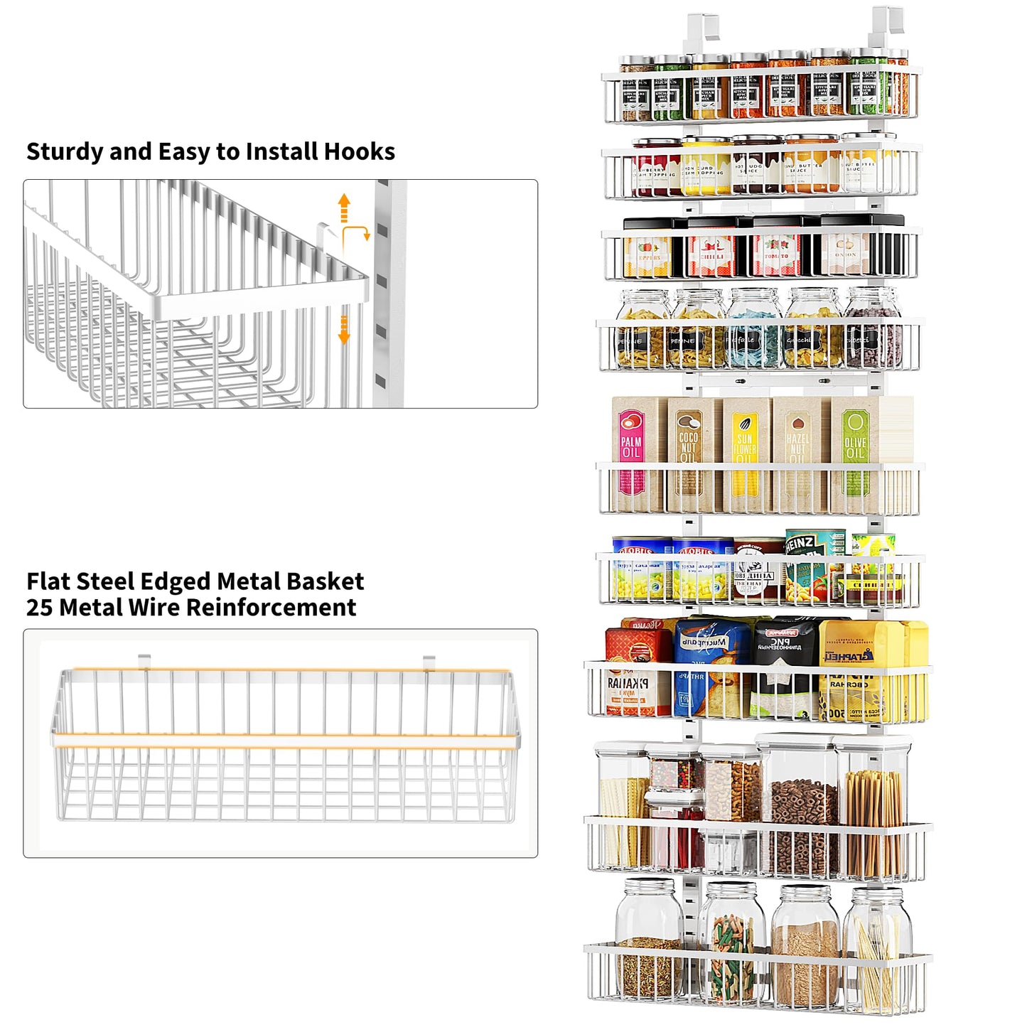 Moforoco 9-Tier White Over The Door Pantry Organizer, Pantry Organization and Storage, Black Hanging Basket Wall Spice Rack Seasoning Shelves, Home & Kitchen Bedroom Bathroom House Essentials