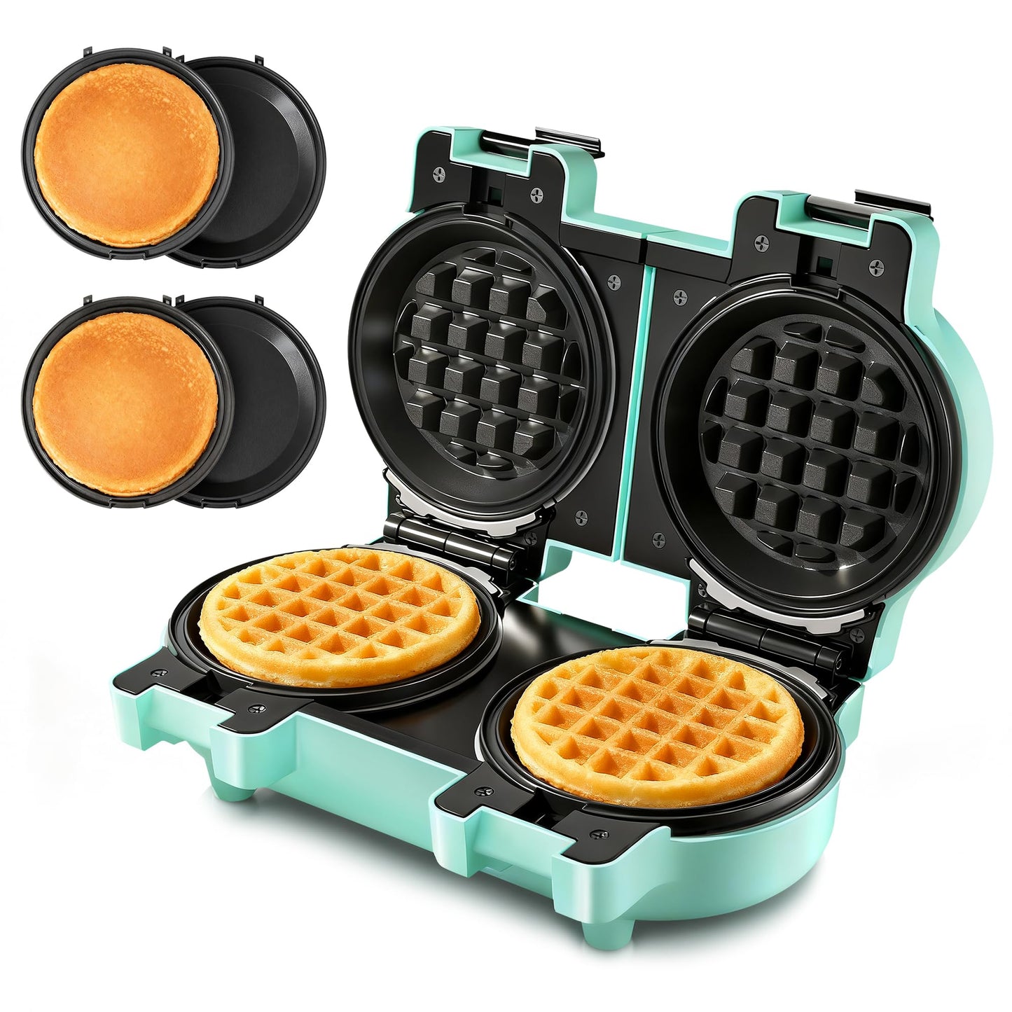 2-in-1 Double Waffle & Pancake Maker - CACHOO Mini 4" Nonstick Waffle Iron & Small Round Griddle with 4 Removable Plate Sets, Dishwasher Safe, Perfect for Small Spaces, Apartments & Dorms, Aqua