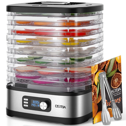 OSTBA 8-Tray Food Dehydrator, 72H Timer & Temp Control up to 158℉, Includes 8 Mesh Sheets, 1 Fruit Roll Tray, 1 Tongs, Recipe Book for Jerky, Fruit, Meat, Vegetables, Herbs, BPA-Free