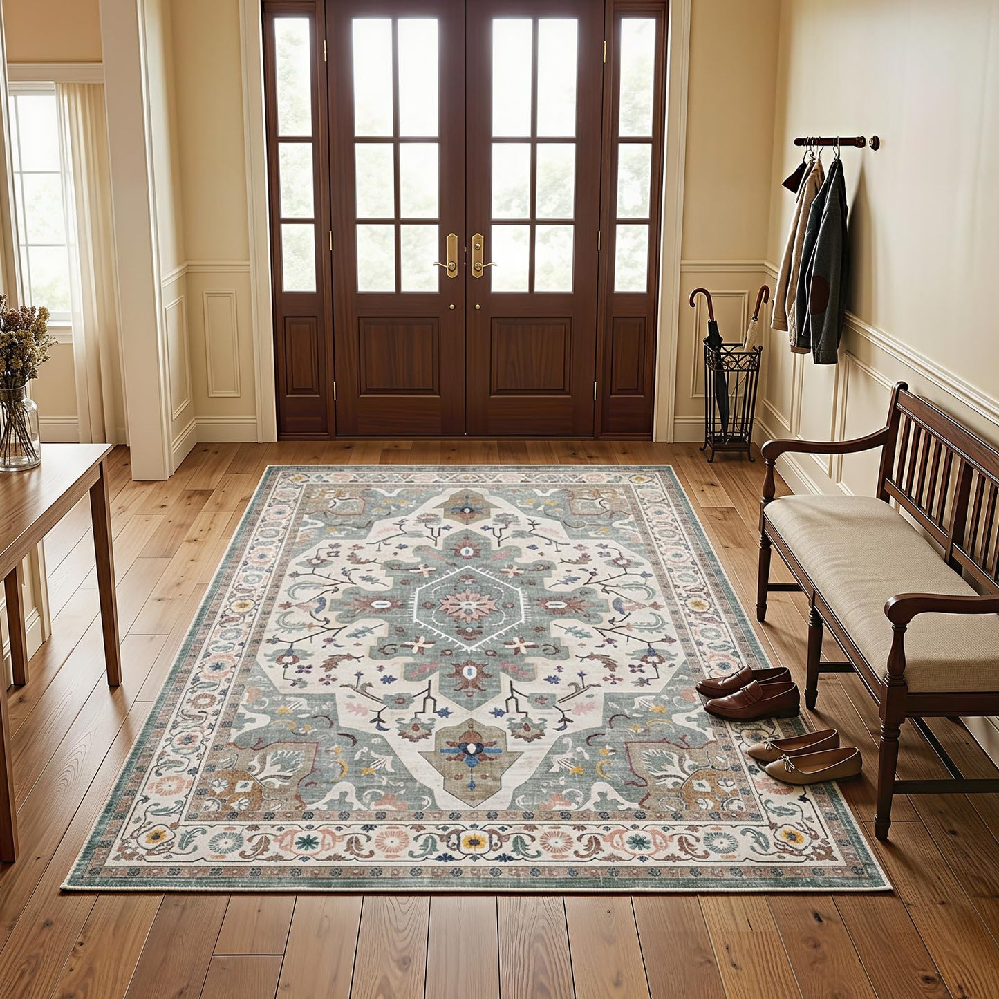 HOOBRO 6 x 9 ft Area Rugs for Living Room, Washable Non-Slip Stain Resistant Rug, Large Carpets, Pet Friendly Low Pile Soft Rug, for Bedroom Kitchen Dining Room Home Office, Vintage Green GN04AR01