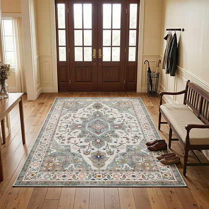 HOOBRO 6 x 9 ft Area Rugs for Living Room, Washable Non-Slip Stain Resistant Rug, Large Carpets, Pet Friendly Low Pile Soft Rug, for Bedroom Kitchen Dining Room Home Office, Vintage Green GN04AR01