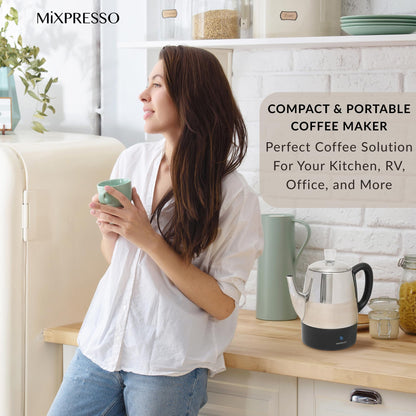 Mixpresso Small Electric Percolator Coffee Pot 4 Cup Stainless Steel - Coffee Percolator Electric with Keep Warm Function - Auto Shut-Off for Safe Daily Brewing