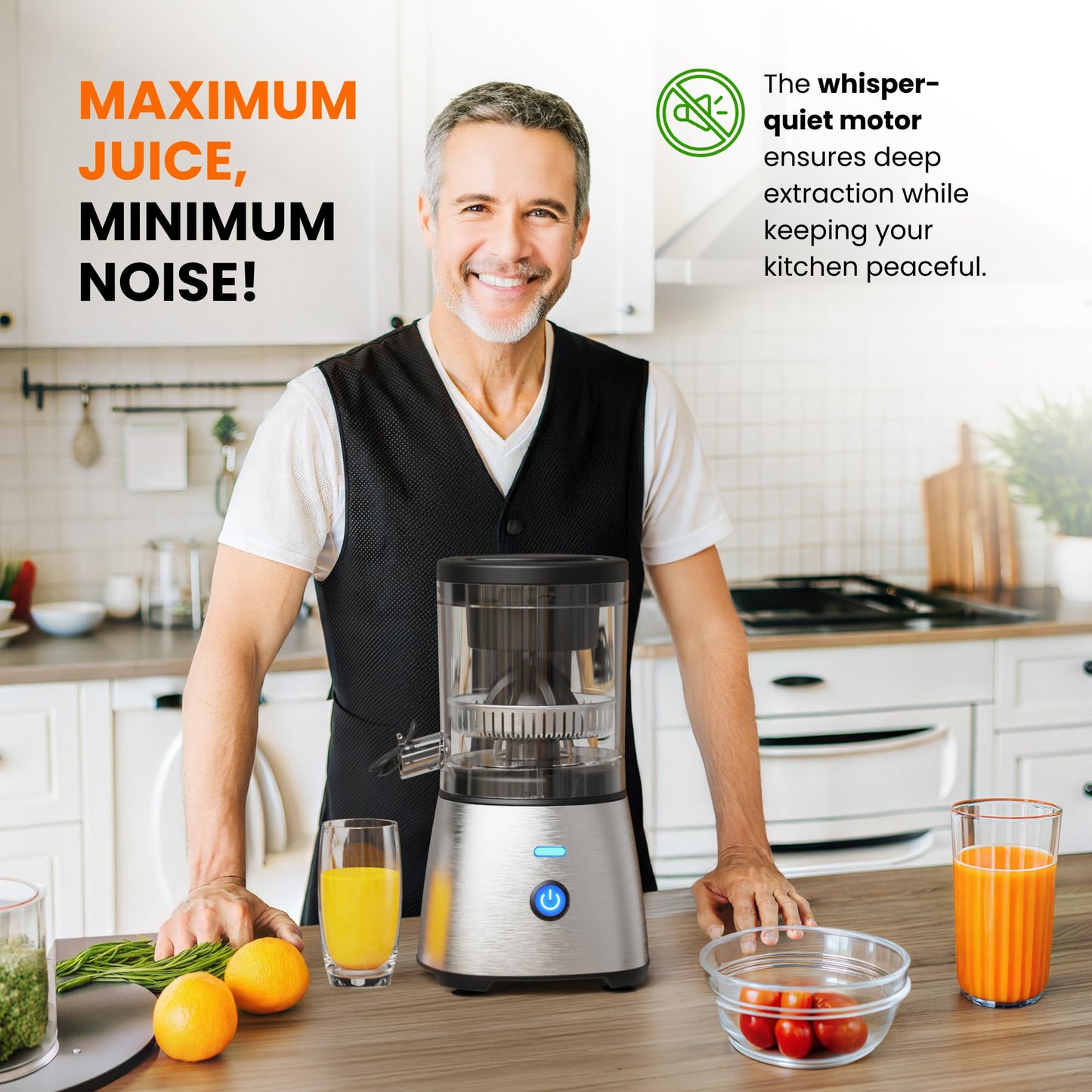 Eurolux Electric Citrus Juicer Stainless Steel | Premium Hands-Free One-Touch Orange Juice Squeezer for Oranges, Lemons, and Limes | Quiet Operation, Easy to Clean, Countertop Small Kitchen Appliance