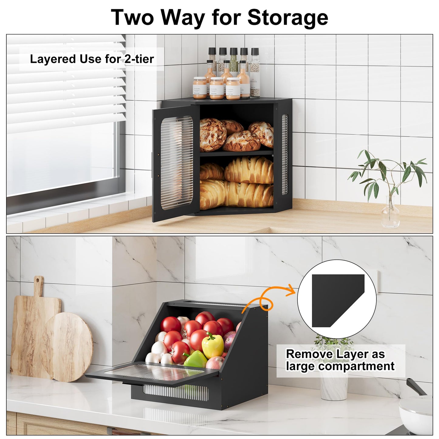 TQVAI Bread Box for Kitchen Countertop Large Corner Bread Loaf Storage Container Double Layer Wooden Bread Boxes Bin Farmhouse Pantry Shelf with Acrylic Window, Black