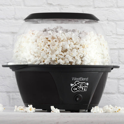 West Bend 82707B Stir Crazy Hot Oil Popcorn Popper, Popcorn Maker Machine with Large Serving Bowl Lid and Stirring Rod, 6 Qt, Black