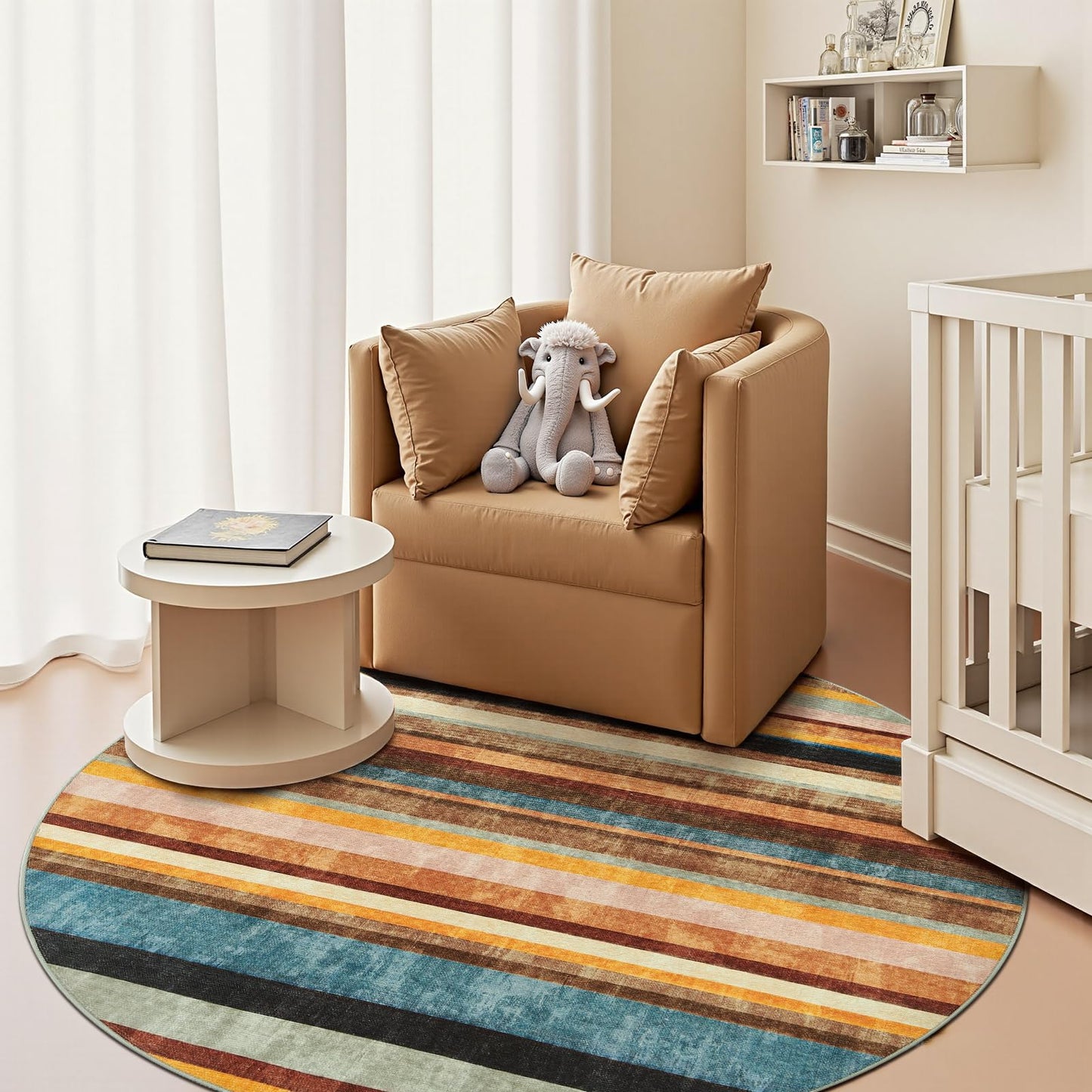 jinchan Round Rug 5ft Area Rug Modern Striped Rug Washable Rug Soft Large Indoor Floor Cover Non Slip Colorful Carpet for Bedroom Kitchen Dining Room Home Office, Pine Dawn