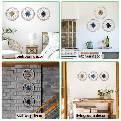 Paquesta 3 Piece Round Farmhouse Wall Decor with 6 Piece Interchangeable Flowers 15.75'' Medallion Wood & Metal Rustic Wall Art for Living Room Bedroom Kitchen Bathroom Dining Room Home Decorations (large white wheel)